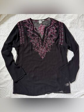 sheer black and pink embroidered long sleeve top